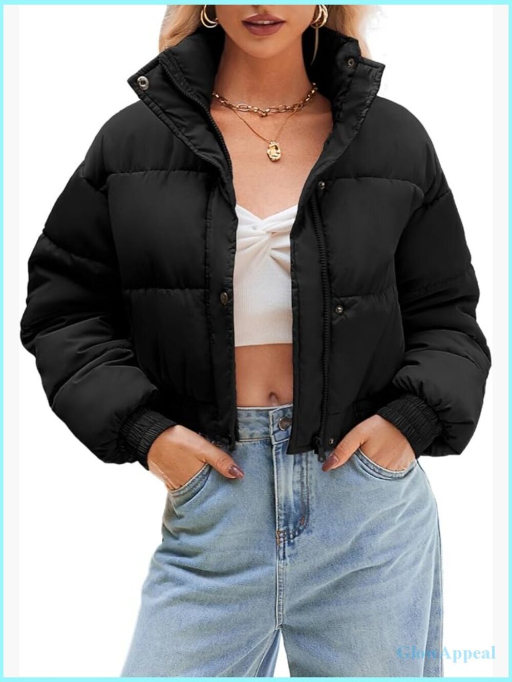Lightweight Cropped Puffer Jacket Stand Collar Long Sleeve Winter Outerwear